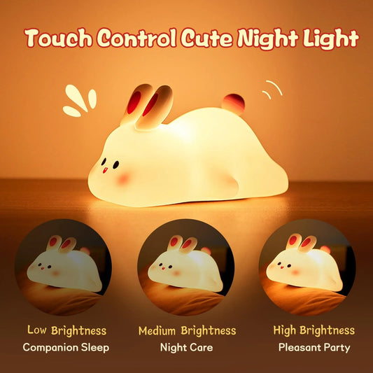 Adorable Touch Sensor LED Night Light - Cute Cartoon Rabbit Silicone Lamp for Kids - Perfect Christmas Gift and Home Decor