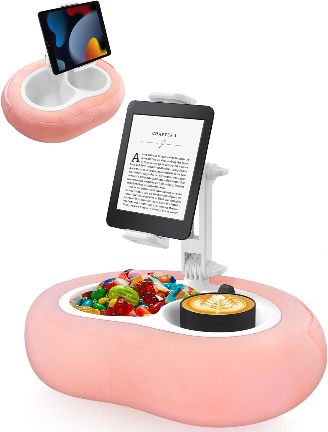 Ultimate Tablet Pillow Stand - Versatile 360° Rotating Holder for All Your Devices - Soft Plush Fabric with Detachable Snack Bowl - Perfect for Relaxing in Bed or On-the-Go - Stylish Pink Design
