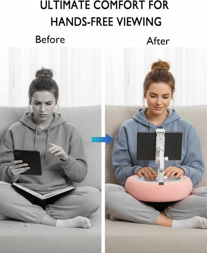 Ultimate Tablet Pillow Stand - Versatile 360° Rotating Holder for All Your Devices - Soft Plush Fabric with Detachable Snack Bowl - Perfect for Relaxing in Bed or On-the-Go - Stylish Pink Design