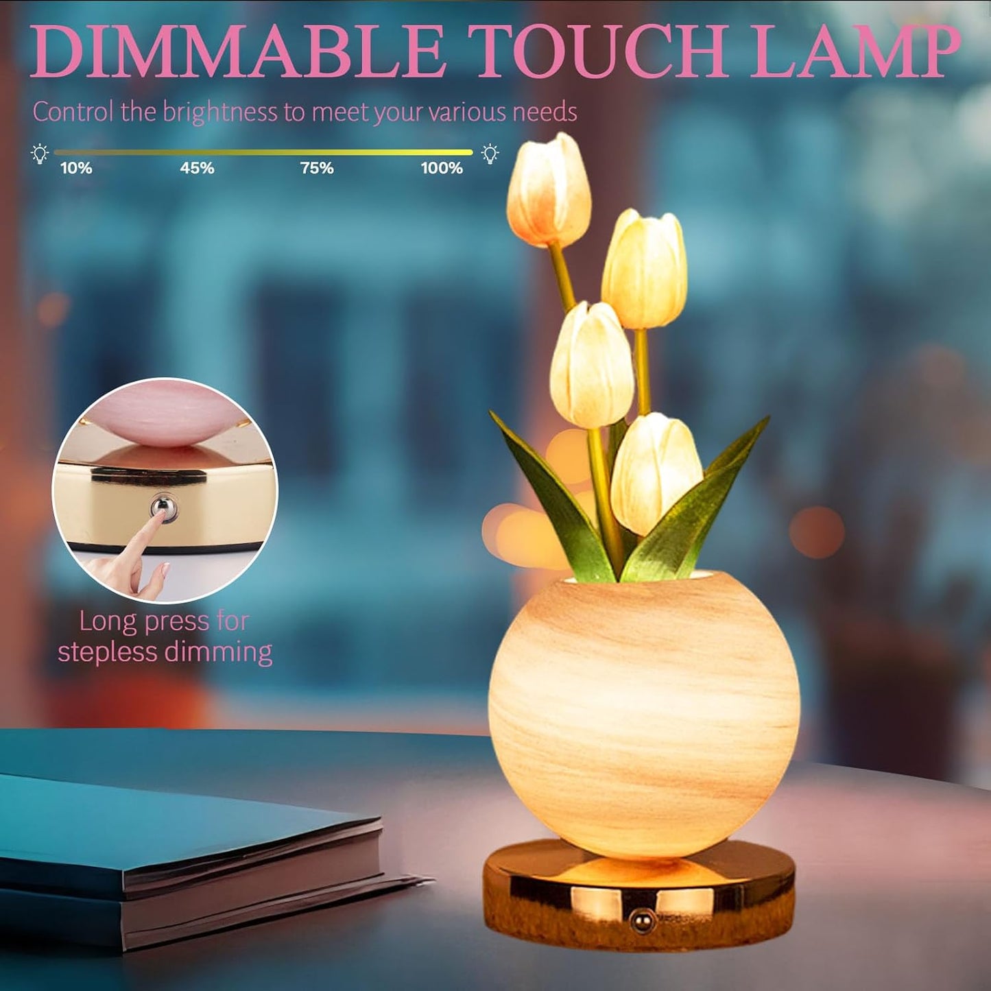 Enchanting Tulip Table Lamp - Rechargeable Cordless Touch Dimming LED Night Light for a Romantic Ambiance - Perfect Gift for Women and Moms (Pink)