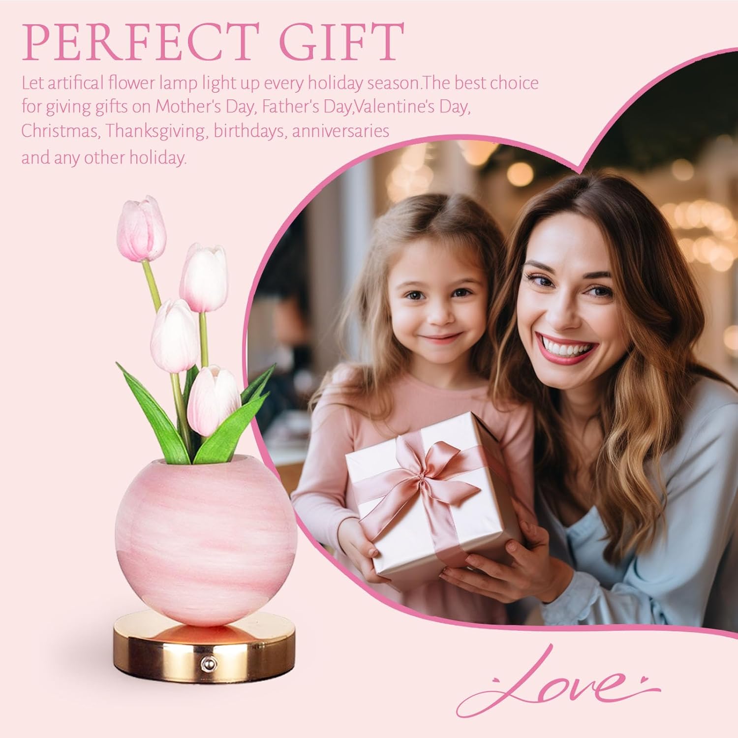 Enchanting Tulip Table Lamp - Rechargeable Cordless Touch Dimming LED Night Light for a Romantic Ambiance - Perfect Gift for Women and Moms (Pink)