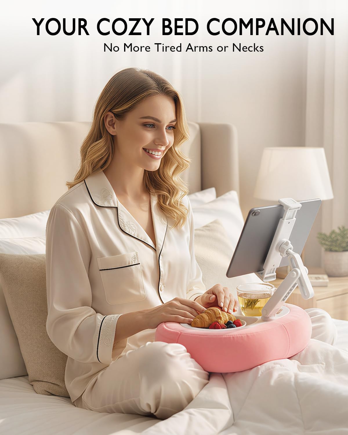 Ultimate Tablet Pillow Stand - Versatile 360° Rotating Holder for All Your Devices - Soft Plush Fabric with Detachable Snack Bowl - Perfect for Relaxing in Bed or On-the-Go - Stylish Pink Design