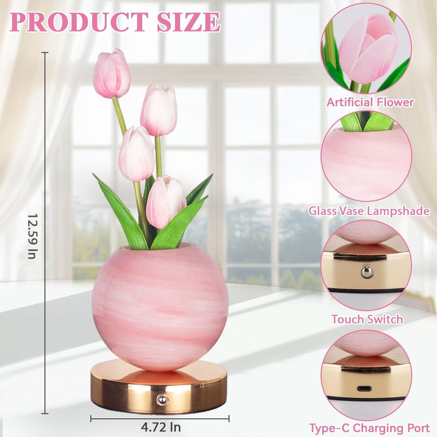 Enchanting Tulip Table Lamp - Rechargeable Cordless Touch Dimming LED Night Light for a Romantic Ambiance - Perfect Gift for Women and Moms (Pink)