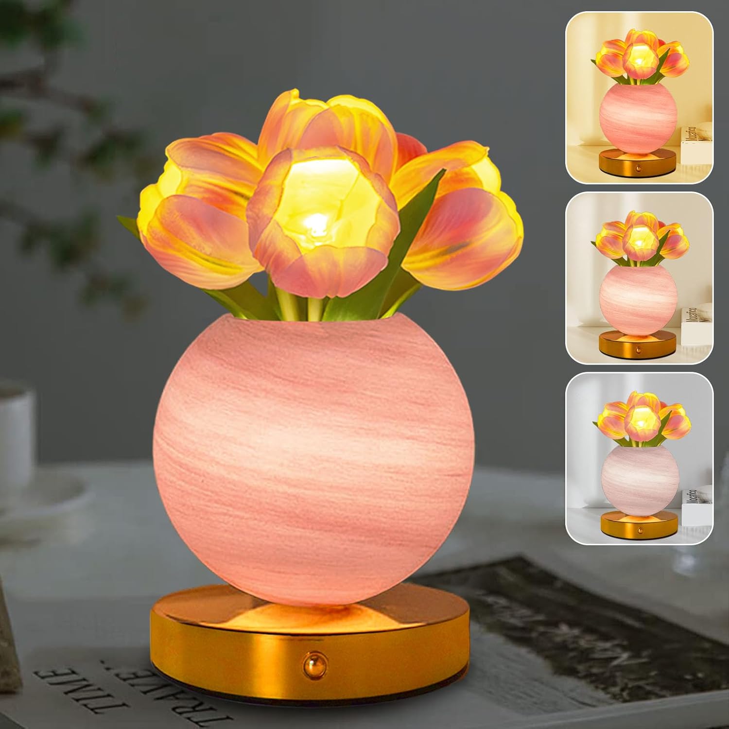 Enchanting Tulip Table Lamp - Rechargeable Cordless Touch Dimming LED Night Light for a Romantic Ambiance - Perfect Gift for Women and Moms (Pink)
