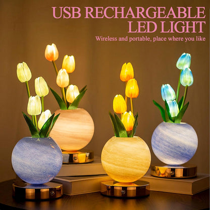Enchanting Tulip Table Lamp - Rechargeable Cordless Touch Dimming LED Night Light for a Romantic Ambiance - Perfect Gift for Women and Moms (Pink)