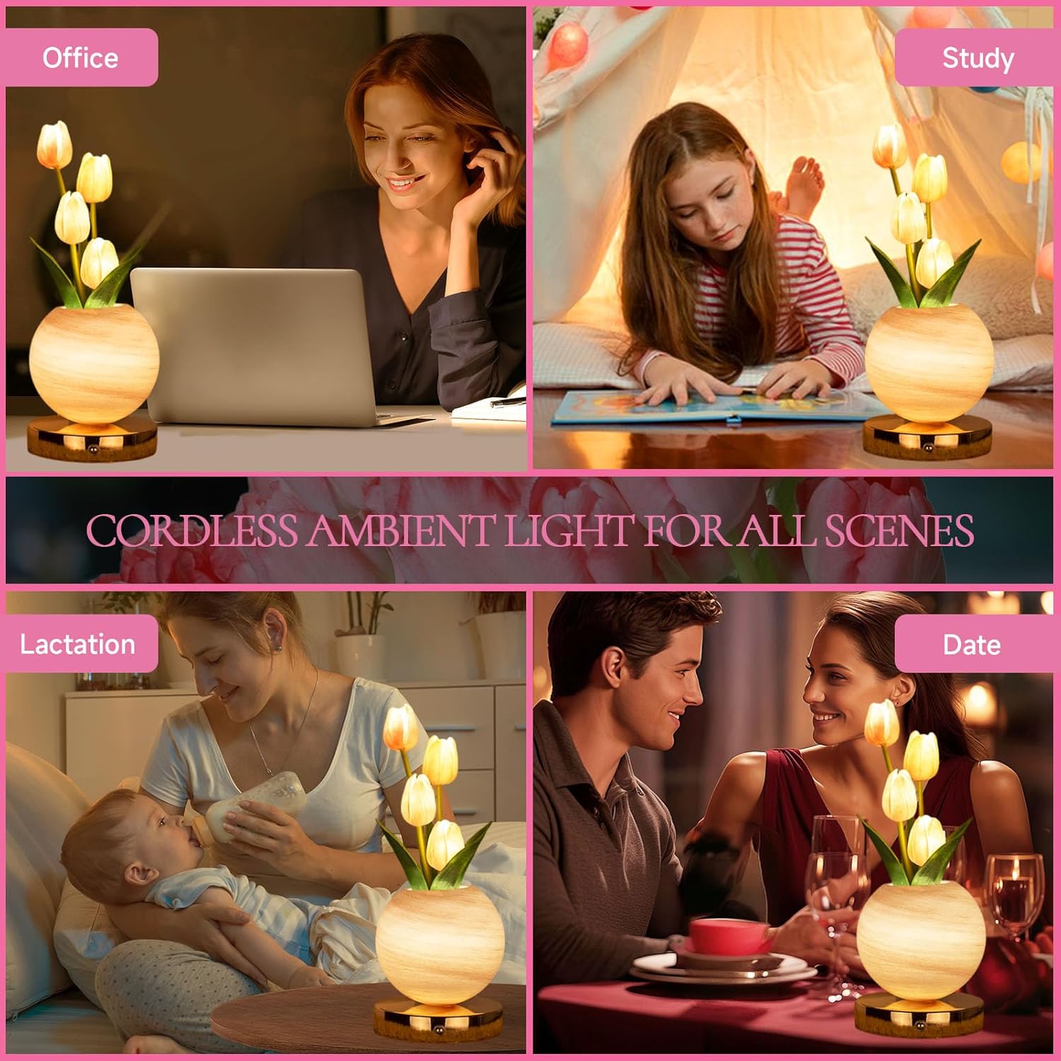 Enchanting Tulip Table Lamp - Rechargeable Cordless Touch Dimming LED Night Light for a Romantic Ambiance - Perfect Gift for Women and Moms (Pink)
